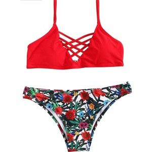 Bikini - Spaghetti Strap Floral Print Criss Cross